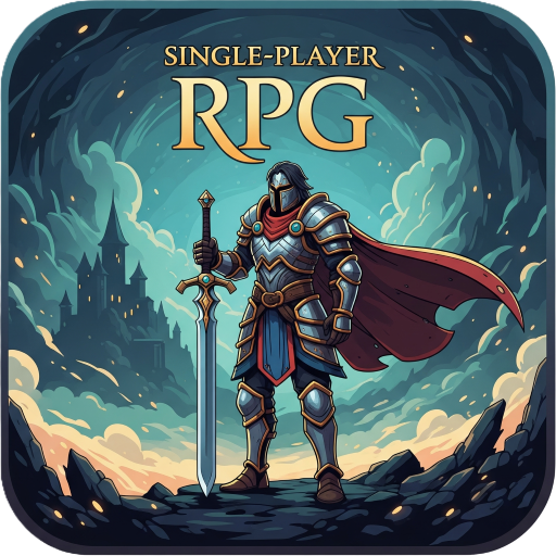 Illustration of a knight in shining armor holding a large sword, standing on a rocky landscape, with a castle in the background and the text SINGLE-PLAYER RPG above.